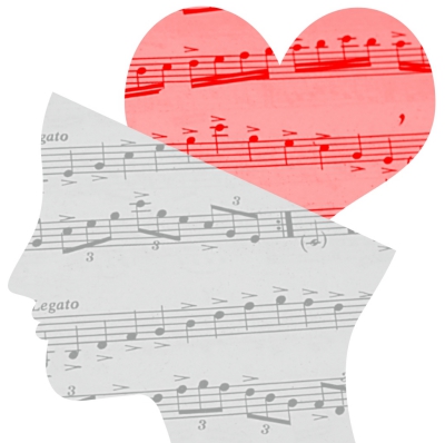 design associating a sheet music, a heart and a person‘s head