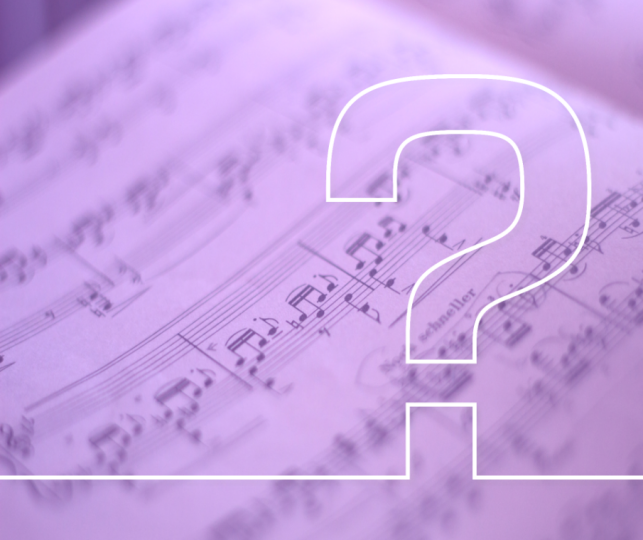 design representing a sheet music and a question mark, in a web page related to music research, music technology and the YMusic search engine