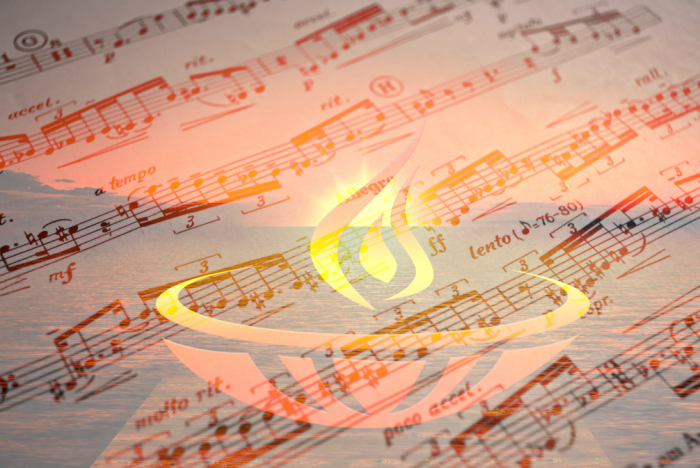 design associating a sheet music, a sea landscape and a flame, in a web page related to music research, music technology and the YMusic search engine