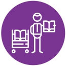 icône contenant un bibliothécaire ou un libraire, près de son chariot à livres