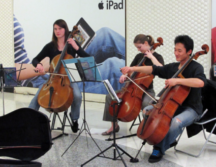 image presenting cellists, in a web page related to music research, music technology and the YMusic search engine