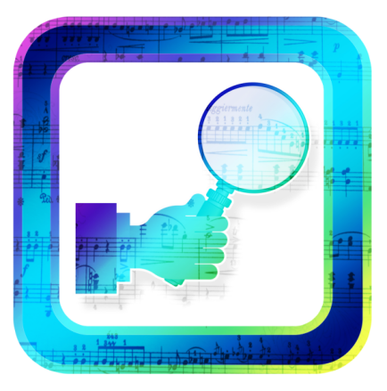 design associating a magnifying glass and a sheet music, in a web page related to music research, music technology and the YMusic search engine