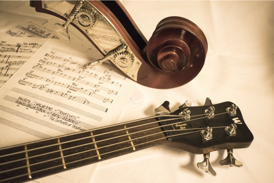 image representing a sheet music and strings instruments, in a web page related to music research, music technology and the YMusic search engine