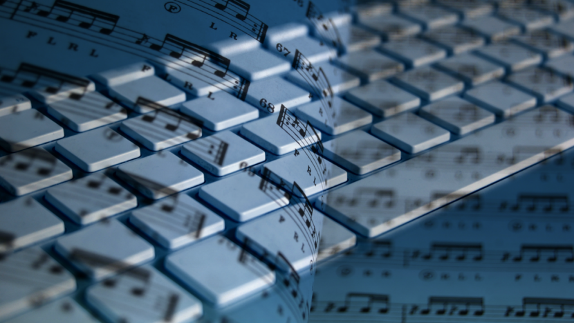 design associating a sheet music and a computer keyboard, in a web page related to music research, music technology and the YMusic search engine