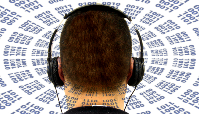 design associating a music listener with headphones and computing numbers, in a web page related to music research, music technology and the YMusic search engine