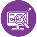 icône contenant une loupe, un écran d‘ordinateur et des données analytiques